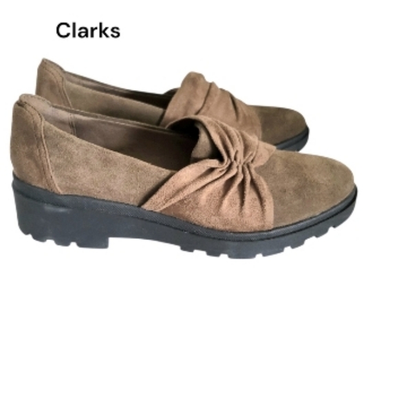 Clarks Calla Style Ruch Leather Suede Flat Loafer Dress Shoe Olive Tan Women 9.5 - Picture 2 of 10